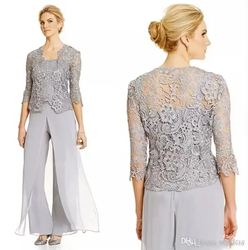 

Three Pieces Mother Of the Bride Pant Suit Bride Dresses Scalloped Mothers Suit With Lace Jacket Mother of the Bride Suits