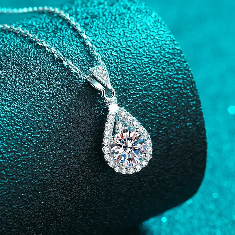 Platinum PT950 1Ct Real Moissanite Necklace for Women, VVS D Color Diamond Pendant Droplet Shaped Jewelry for Lady Girlfriend