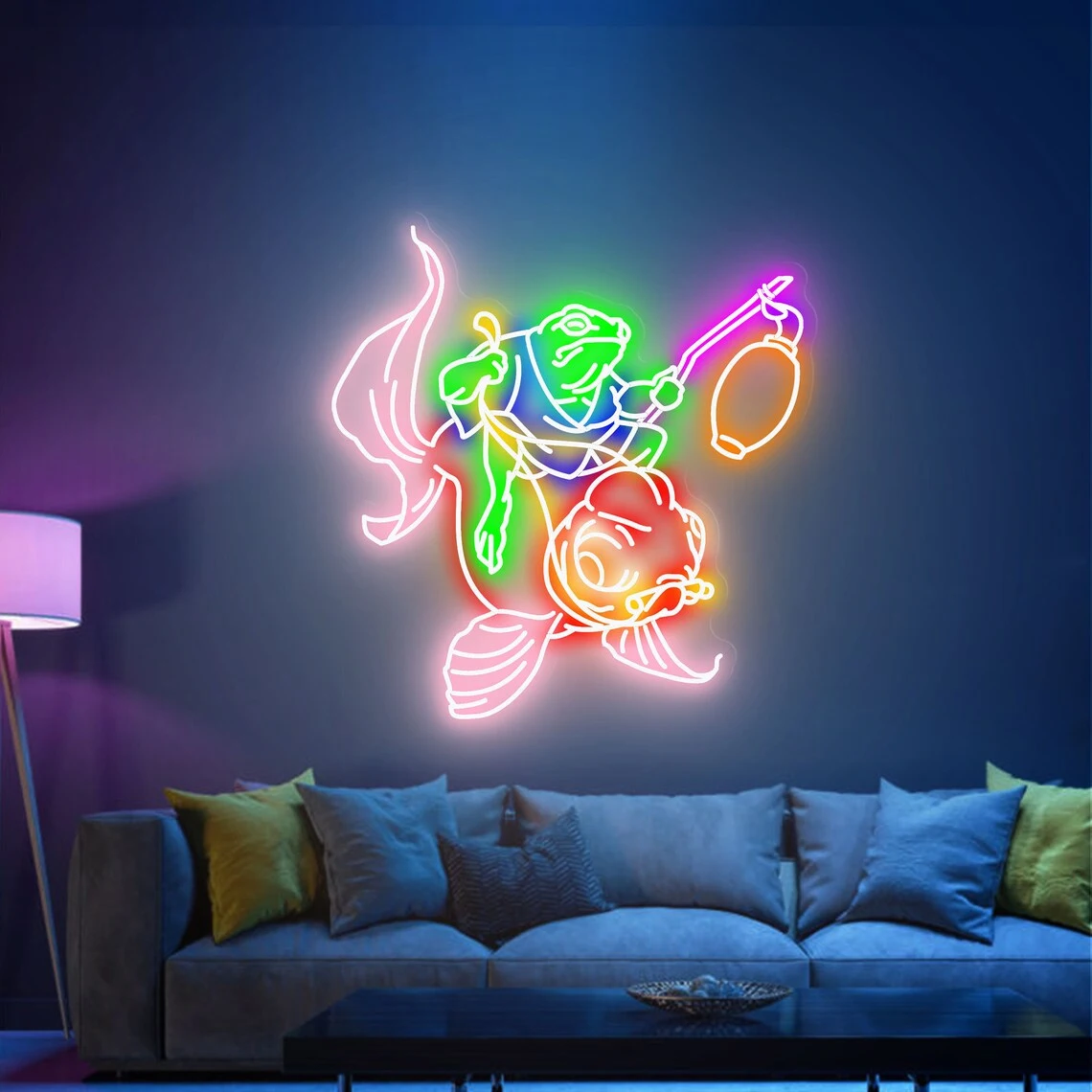 Frog Riding Koi Fish Neon Sign Custom Koi Fish Frog Anime for Home Bar Decor Bedroom Gaming Room Wall Decor Home Room Customized