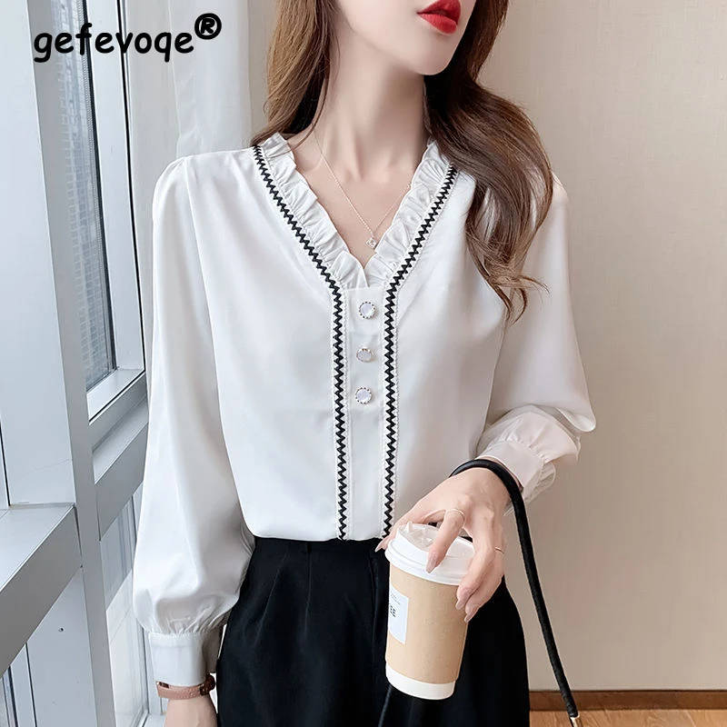 Ruffle Lace Patchwork Elegant Chic Sweet Black White Commute Blouse Top Women 2023 Spring Autumn Fashion Slim Long Sleeve Shirts