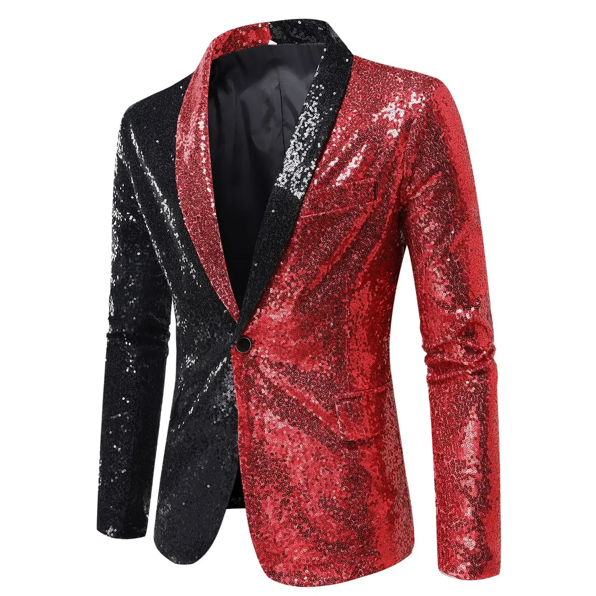 

Men's Colorblock Sequin Glitter Blazer One Button Peak Collar Tuxedo Nightclub Prom Suit Coats Mens Costume Homme Stage Clothes