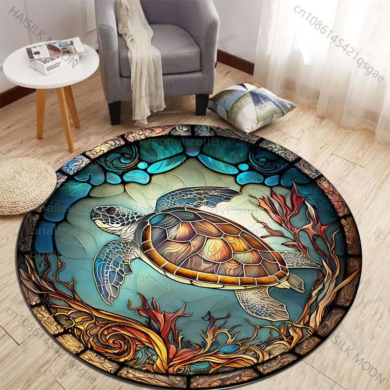 Stained glass sea turtle with coral design Printed round carpet living room sofa table carpet large pet mat soft round carpet