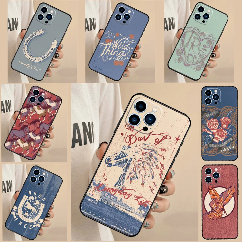 Boho Western Wild Horses Feathers Case For Samsung Galaxy A15 A16 A05 A26 A36 A56 A52 A53 A33 A13 A34 A54 A14 A35 A55 A22 A32