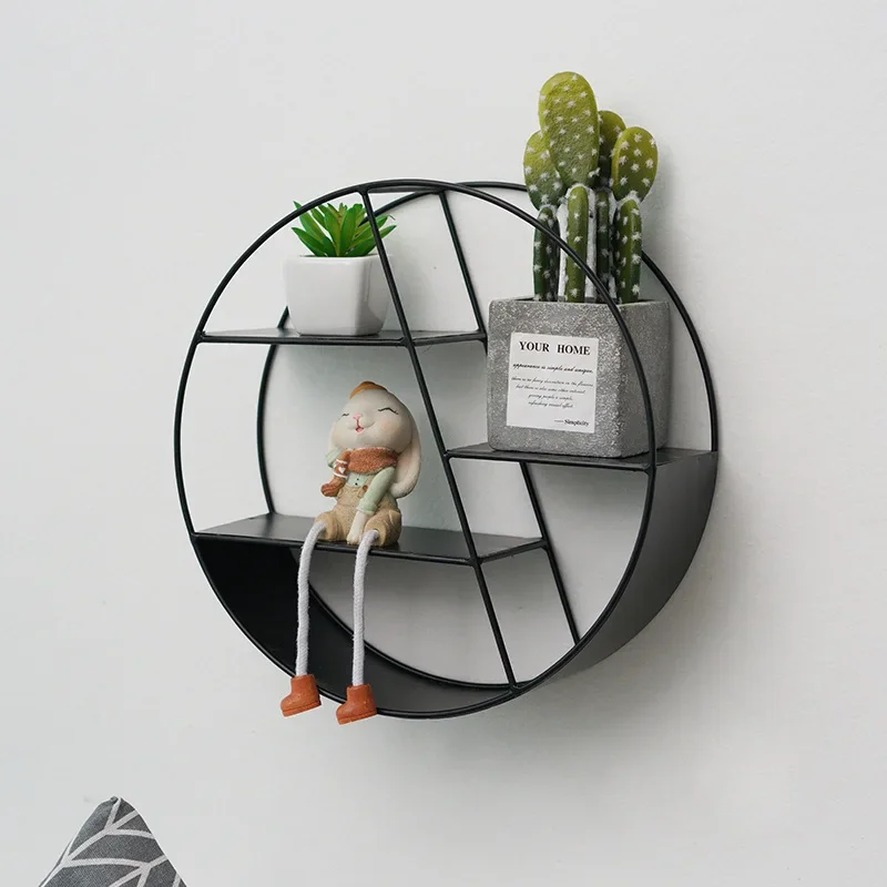 Nordic Simple Creative Home INS Iron Circular Polygon Wall Storage Decoration Wall Hanging Shelf Bedroom Living Room Wall Shelf