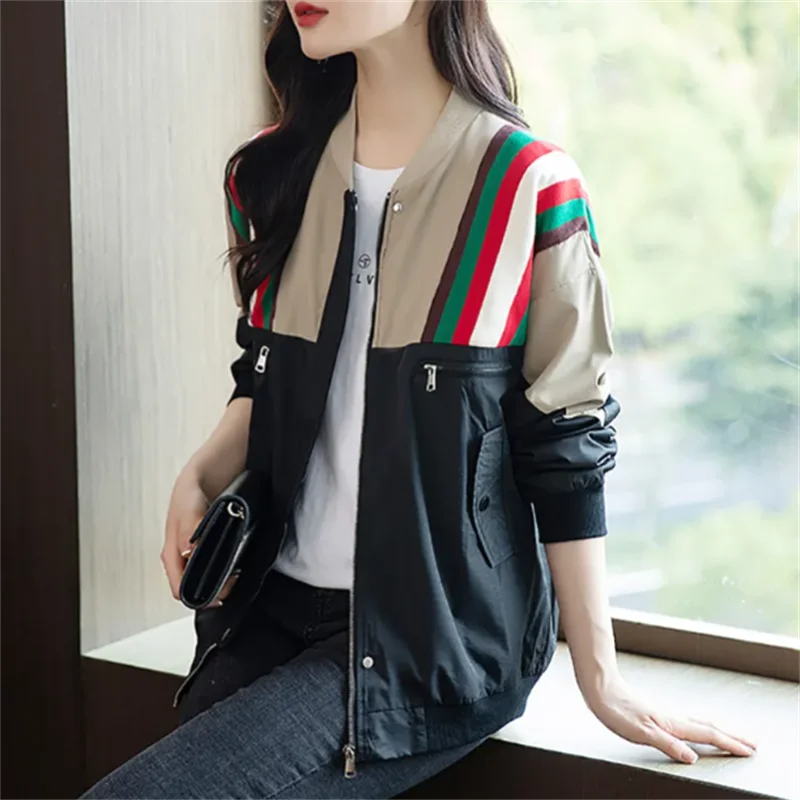 

Куртки Tjin, женские пальто, весенне-осенние бейсбольные куртки-шорты, женская верхняя одежда с полосатым принтом, куртки на молнии, пальто с карманами