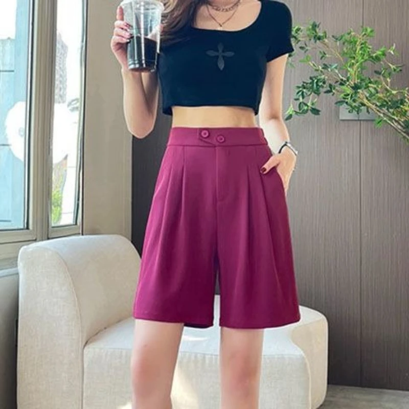 Damskie szorty z wysokim stanem i szerokimi nogawkami, letnia nowa moda, do pracy, na co dzień, jednolite, uniwersalne, wygodne, spodnie do kolan.