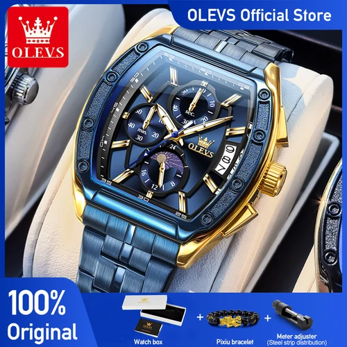Reloj OLEVS nuevo 3661 para hombre, reloj de cuarzo de lujo, resistente al agua, luminoso, de acero inoxidable, fase lunar, relojes deportivos Tonneau para hombre