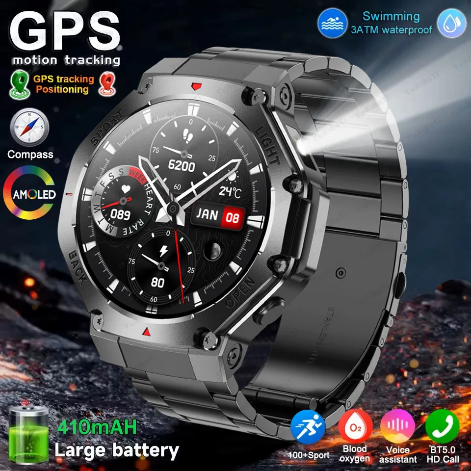 TR3 Max Smart Watch Men AMOLED HD Screen Bluetooth Call GPS Trajectory LED Flashlight Heart Rate Compass SmartWatch For HUAWEI