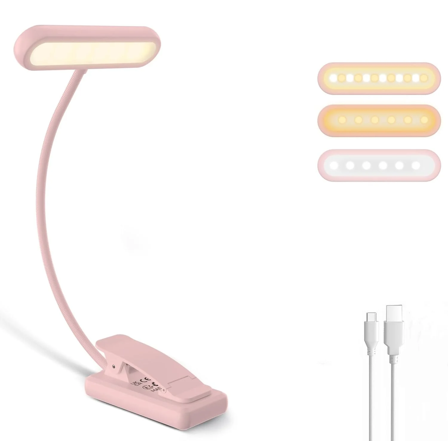 

Розовый светильник для книг, 3 цвета, перезаряжаемый через USB светильник для чтения, теплый, холодный белый дневной свет, портативная гибкая ночная лампа для чтения с легким зажимом