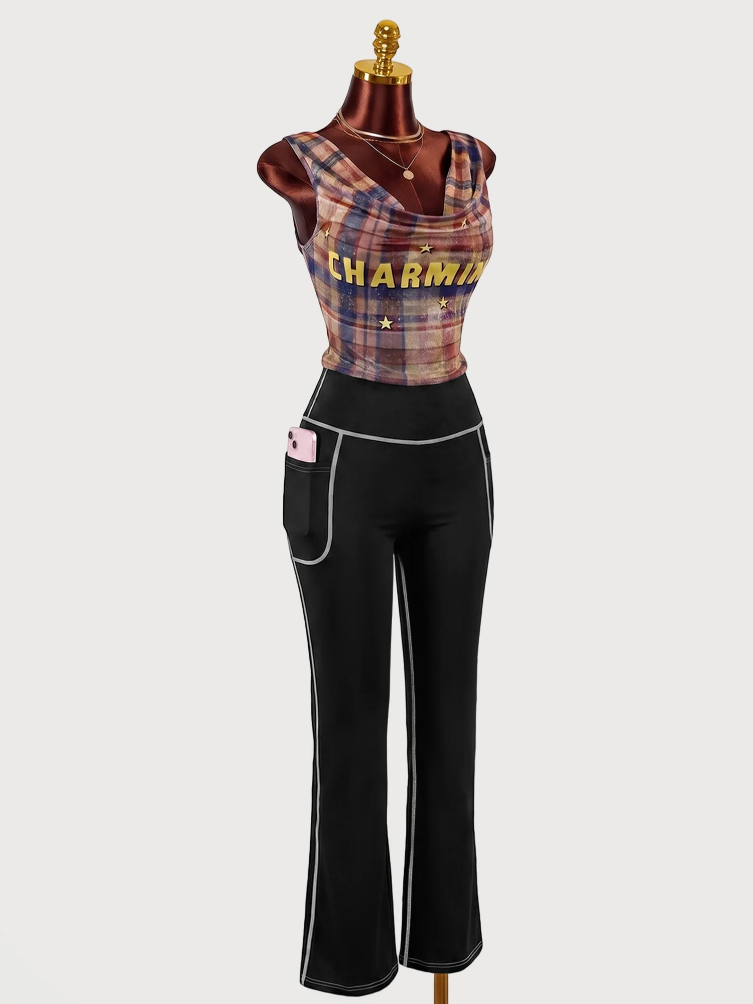 Vintage Contrast Stitch Bootcut Pants Women Daily Streetwear High Rise Pocket Flared Jeans Style Pants