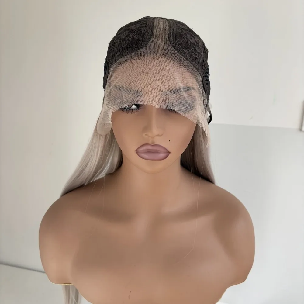 طويل مستقيم المرأة الطبيعية مقاومة للحرارة الشعر أومبير رمادي T الدانتيل الباروكات الأمامية #3
