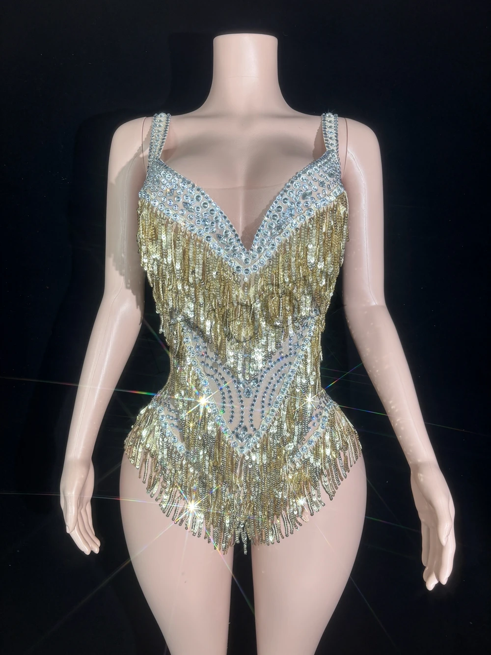 Sparkly Rhinestones Sequins Tassel Bodysuit for Women Sexy See Through Performance Dance Costume Singer Dancer Stage Wear image 5
