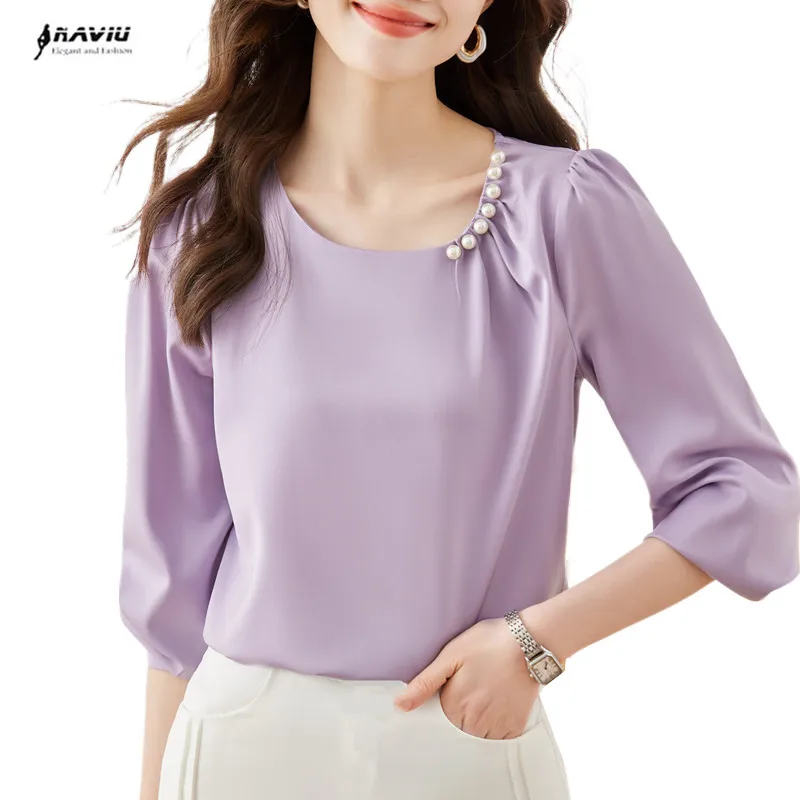 NAVIU Light Purple Satin Shirt Women Long Sleeve Spring Autumn New Design High End Temperament Blouses Office Ladies Work Tops