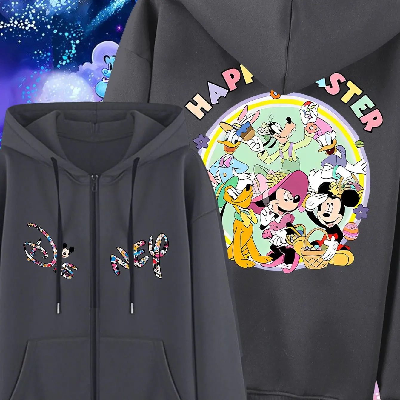 Moletom feminino com capuz Disney Minnie & Friends com zíper e texto "Feliz Páscoa" em fundo escuro