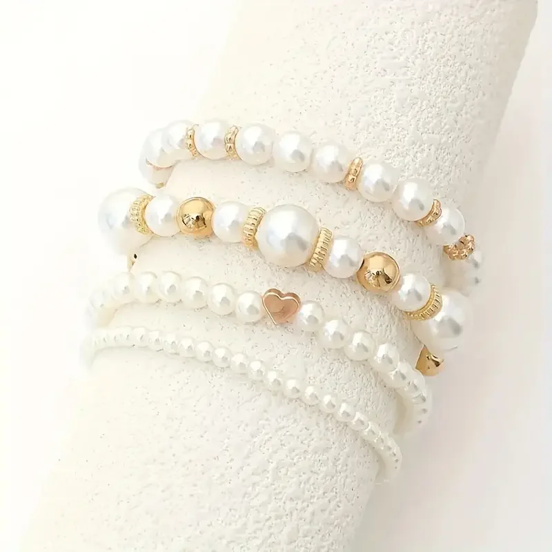 4pcs White Pearl Beaded Bracelets Set  for Women Fashion Chic Gold Color Design Hand Chain Bracelet Vintage French Jewelry Gifts