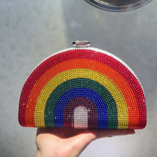 Tęczowy kolor kryształowe kopertówki wieczorowe wesele torba na łańcuszku kobiety butik Half Moon Rhinestone torebki i torebki