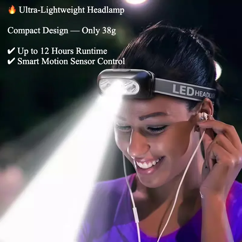 Super Bright LED Headlamp Rechargeable Motion Sensor Headlight Portable Flashlight for Camping, Fishing & Outdoor