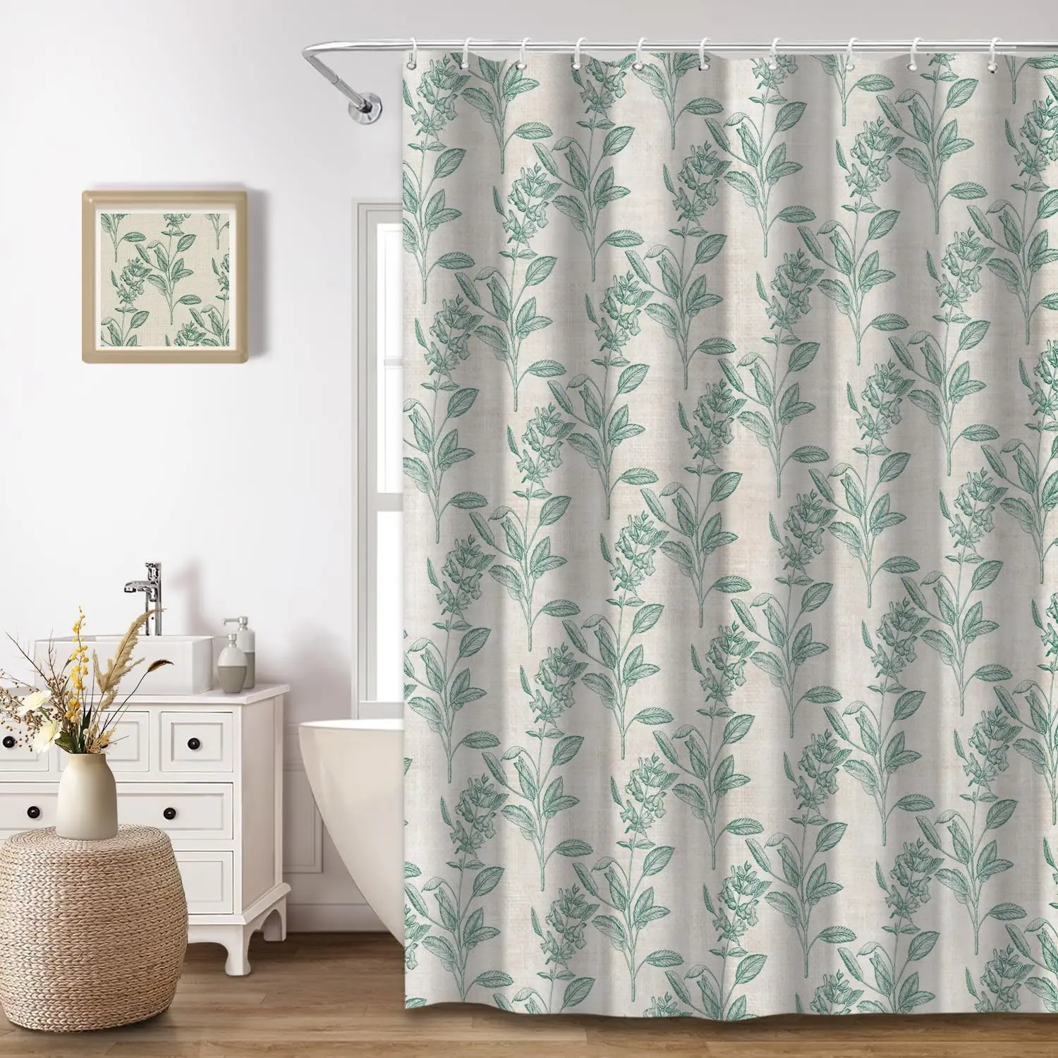 Green Floral Linen Shower Curtain - Vintage Farmhouse Botanical Flower Pattern for Bathroom Decor with 12 Hooks, 72 x 72 Inches