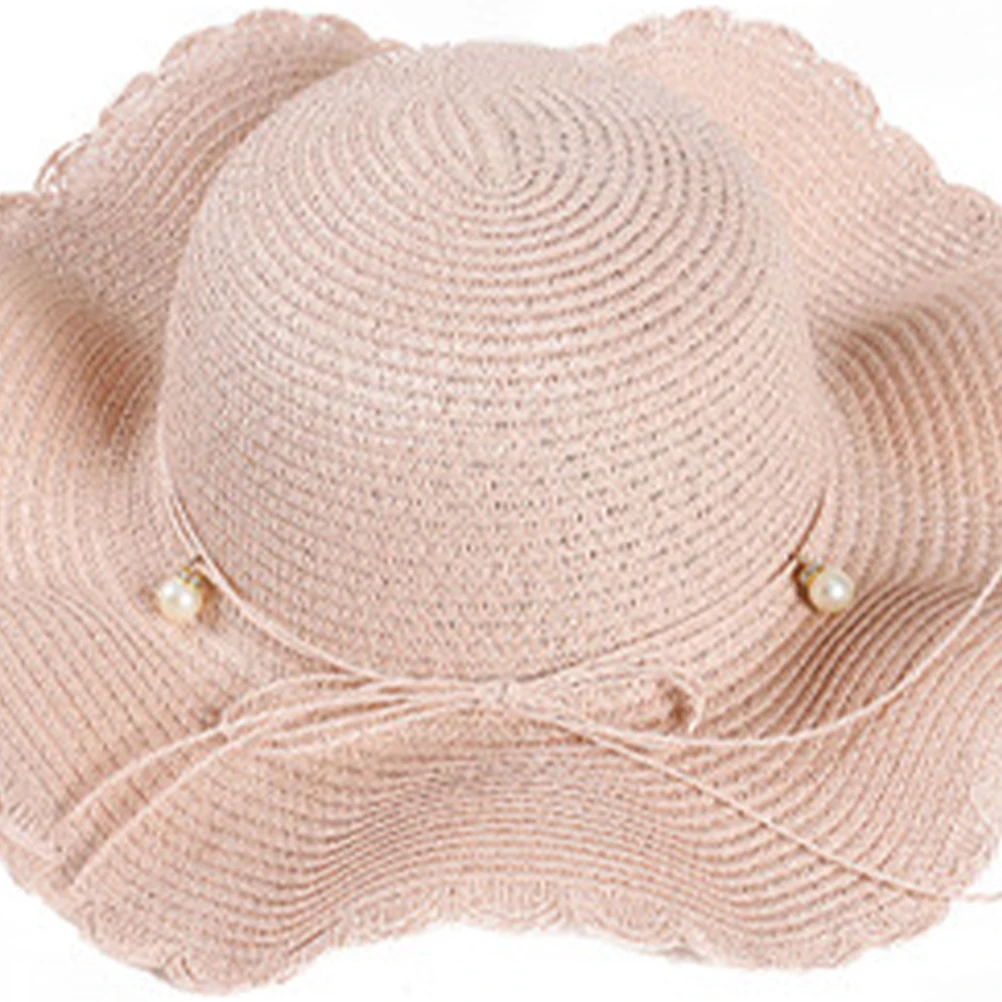 

Wide Brim Beach Hat Beige Pearl Decoration Sun Protection Summer Beach Straw Hat for Outdoor Vacation Photo Shoot