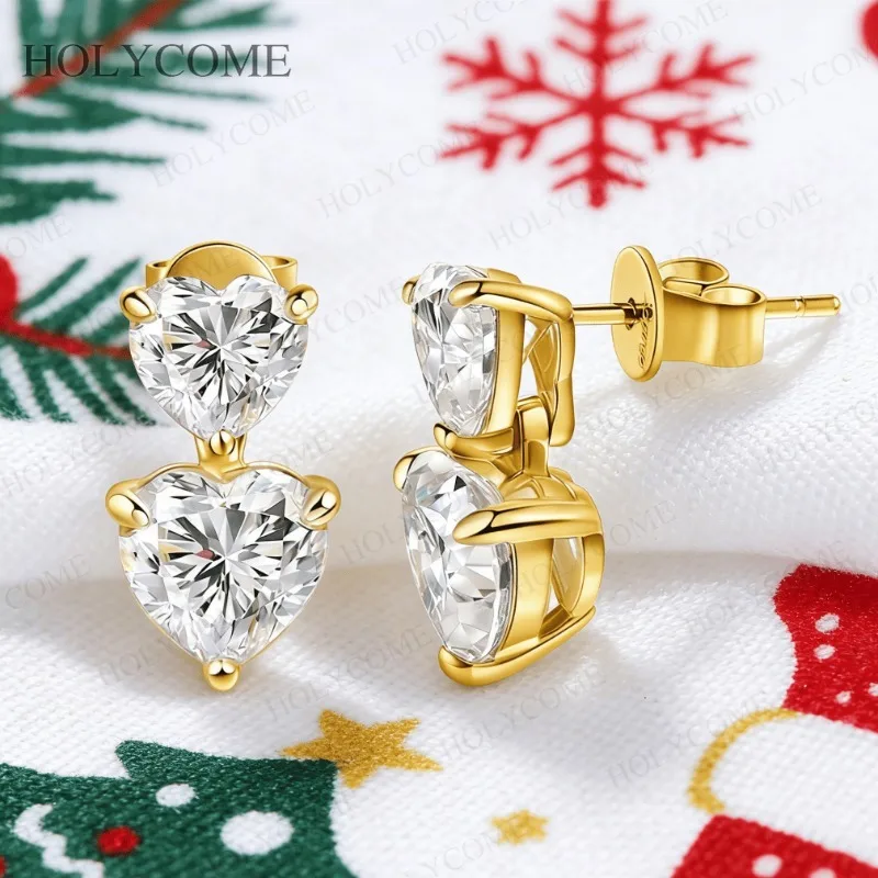 Boucles d'oreilles Double cœur personnalisées, cœur Moissanite 6.5x6.5mm/8x8mm, Total 3CT/6CT D couleur VVS1, bijoux scintillants pour noël