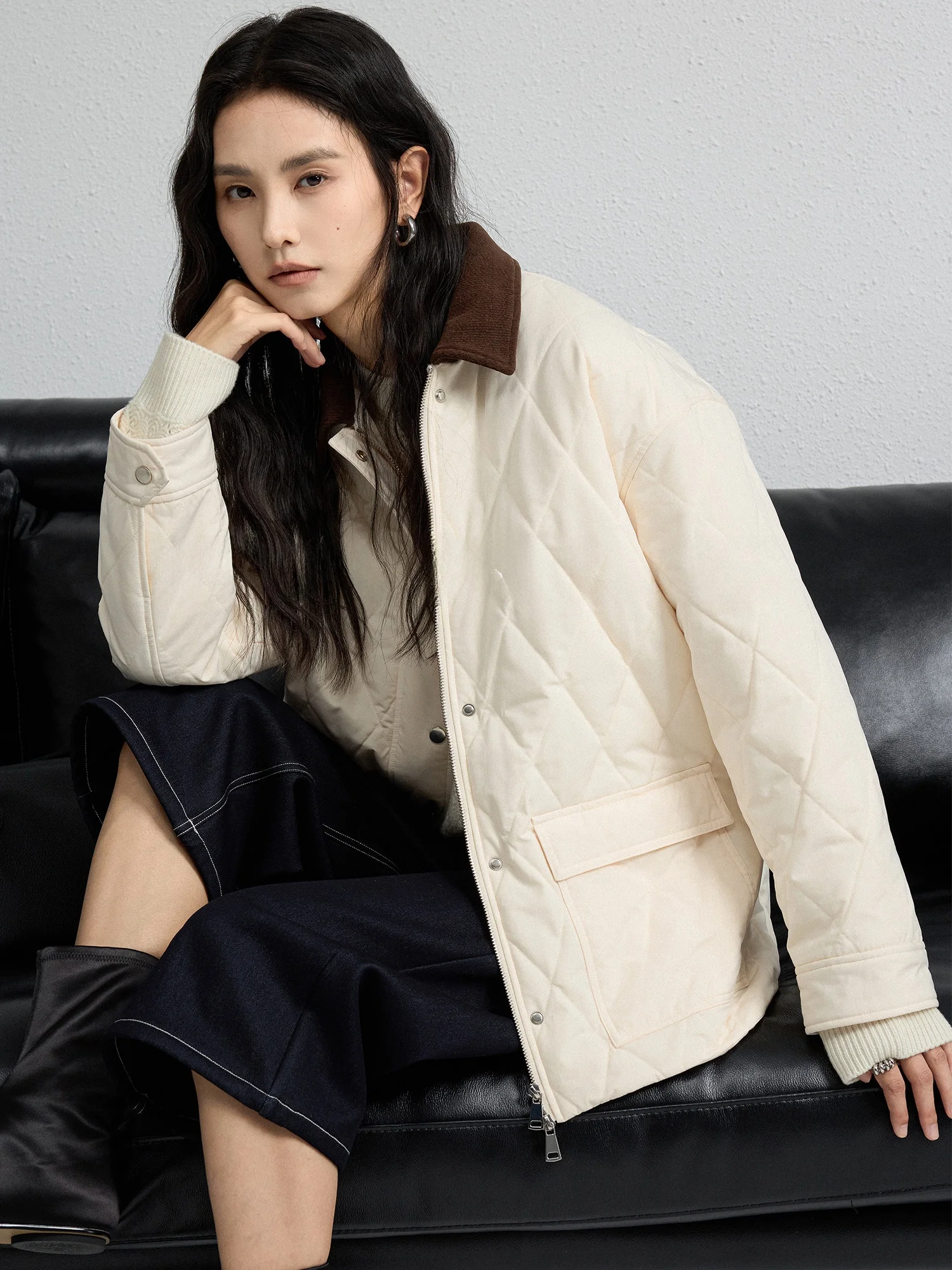 

FANLE STUDIOS Thiened High-densi Recycled Nylon Work Jaet Vintage Corduroy Collar Cotton Coat Women's Faion Outerwear