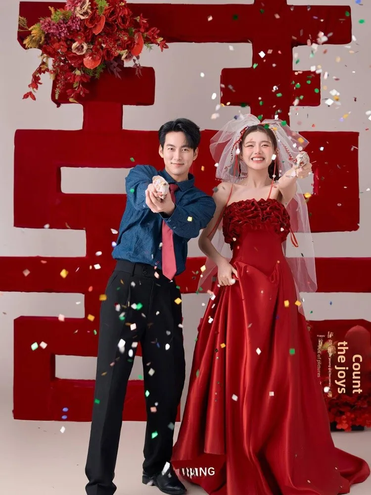 

Elegant Red Wedding Dress Women's Style Engagement Partywear Lightweight Luxury Bridesmaid Dress Traditional Chinese