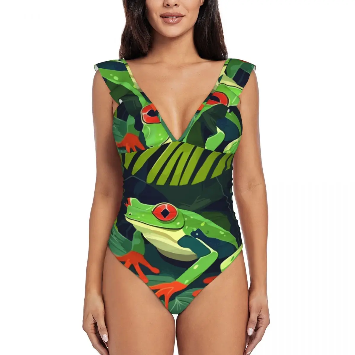 Swimwear Women One Piece Swimsuit Cute Funny Green Frog Swimming Bikinis Push Up Monokini Sexy Ruffle Bathing Suit