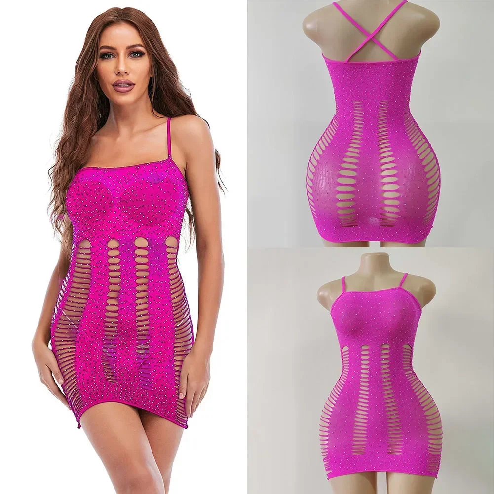 

Sexy Lingerie Women Fishnet Hot Diamond Shiny Skirt Crotchless Bodysuit Erotic