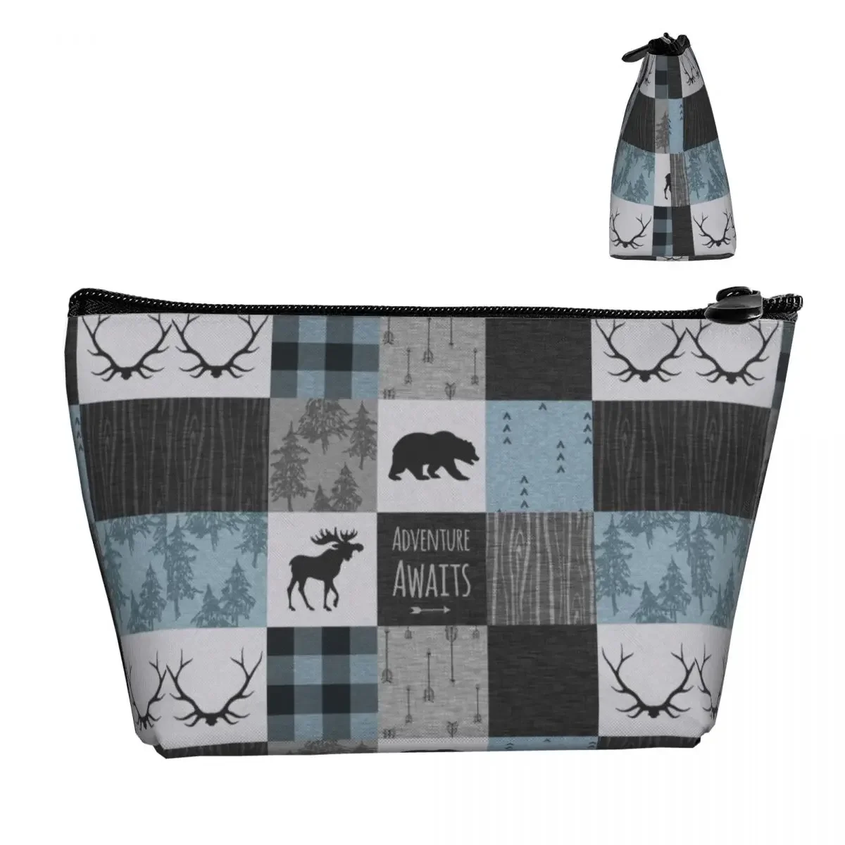 Travel Adventure Awaits Patchwork Blue Toiletry Bag Plaid Cosmetic Makeup Organizer for Women Beauty Storage Dopp Kit Case image 2