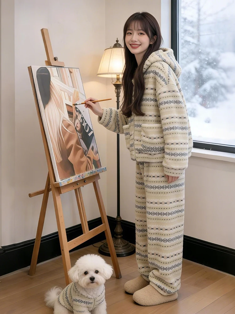 Thiened Fce Conjunto de casaco feminino e calças de pernas largas inverno quente casual sle cobertura total zíper cintura alta escritório doméstico