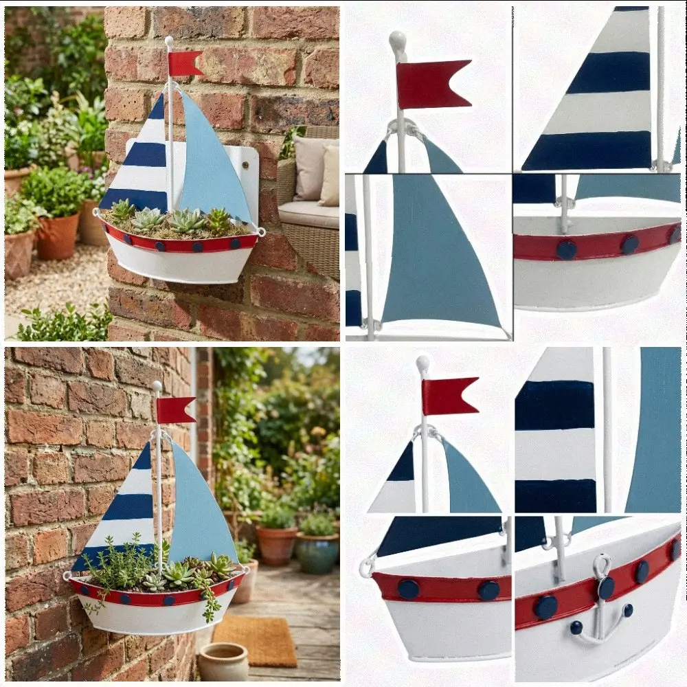 For Coastal Home Styling Painted Sailboat Wall Hanging Container Outdoor Garden Wall Container Elegant Sailboat Shape