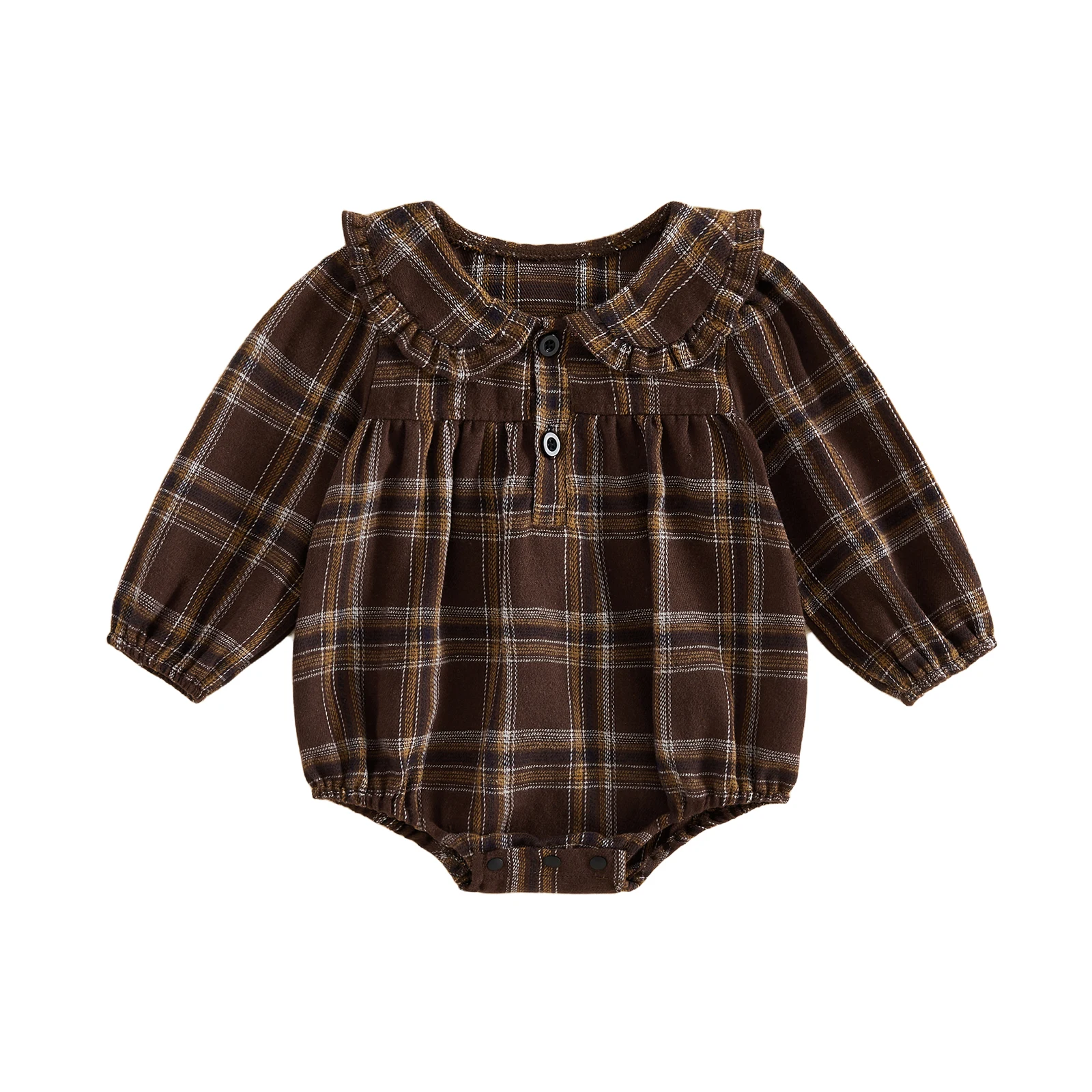 

Baby Girl Autumn Plaid Romper Long Sleeve Button Front Doll Collar Sweet Jumpsuit