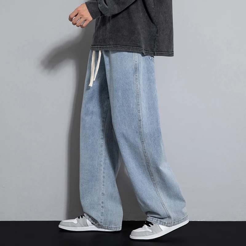 

2026 New Streetwear Loose Jeans Men Korean Style Fashion Loose Straight Wide Leg Pants Men's Brand Clothing Black Light Blue