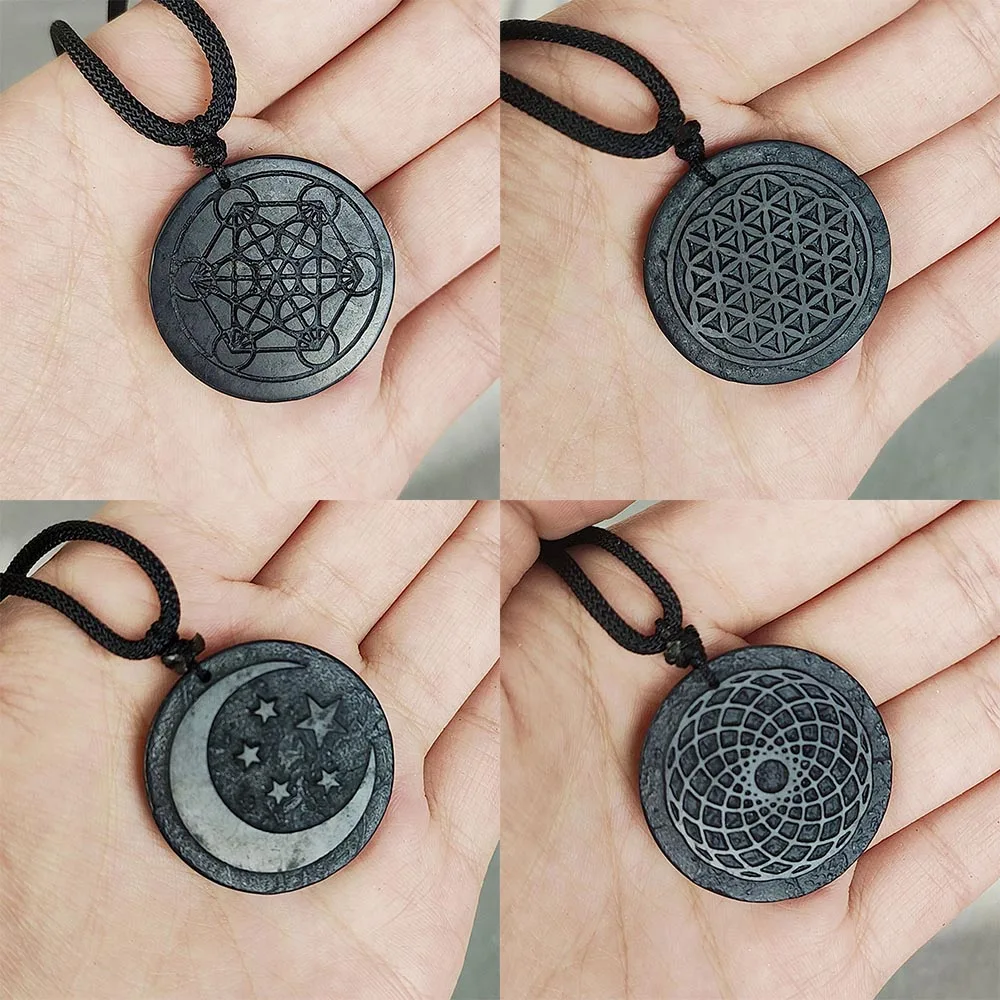 

1Pc Black Shungite Pendant Natural Crystal Schungite Necklace 3D Pattern Reiki StonesFor Cleansing Meditation Yoga Fengshui Gift