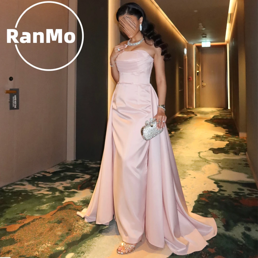 Ranmo Light Pink Charmeuse Pleat Ruched Mermaid Strapless Floor-Length Evening Dresses for Woman Party Gowns Customized
