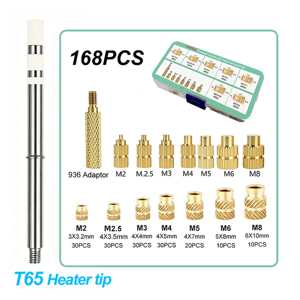 168PCS M2-M8 Brass Internal Thread Heat Insert Nut Kit for T65/T85/HS01/Sh72/Sh73 Soldering Iron Tip 3D Print Part Brass