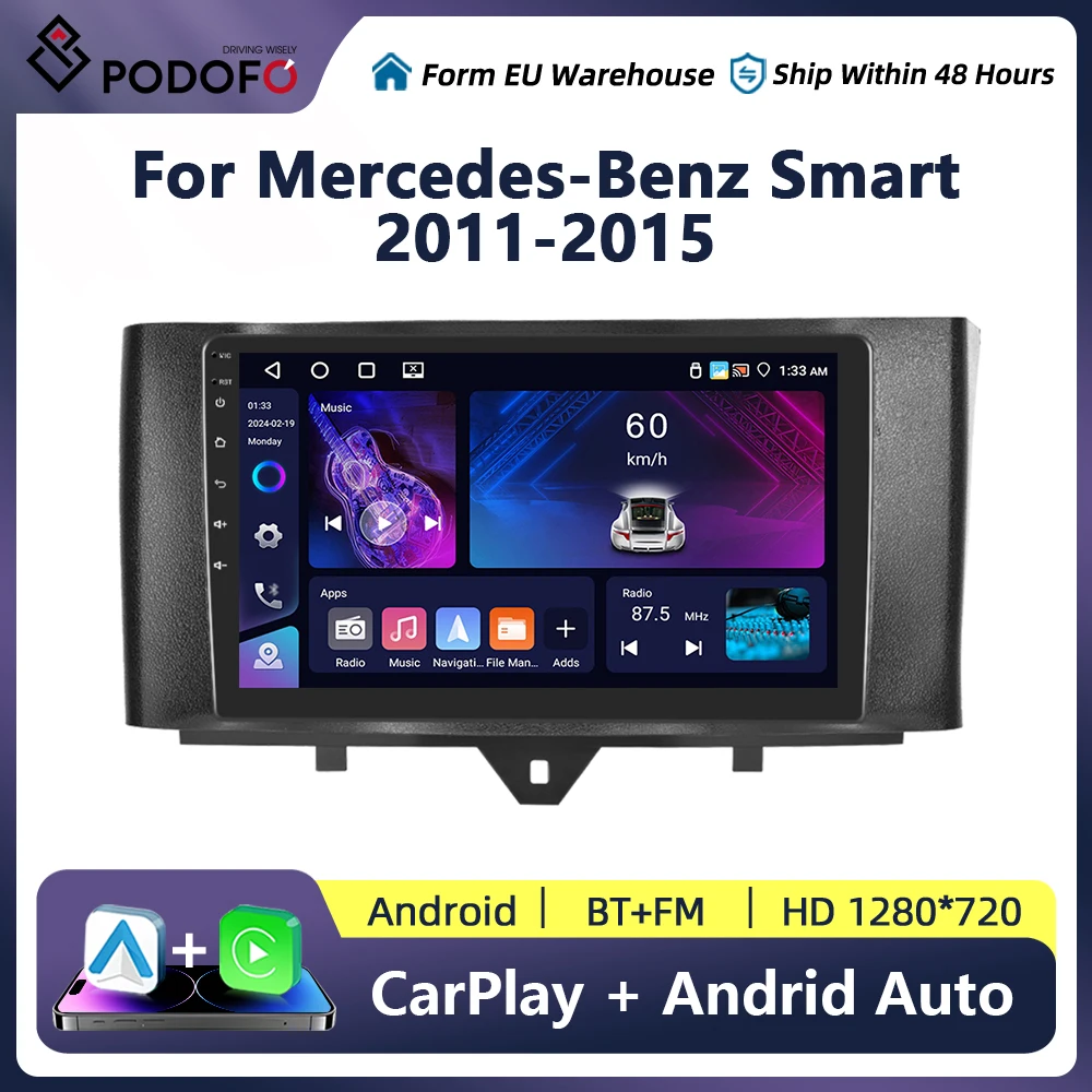 Podofo Car Radio For Smart Fortwo 451 2005-2015 wireless CarPlay Android Auto No 2 din 2din DVD Head Unit Autoradio