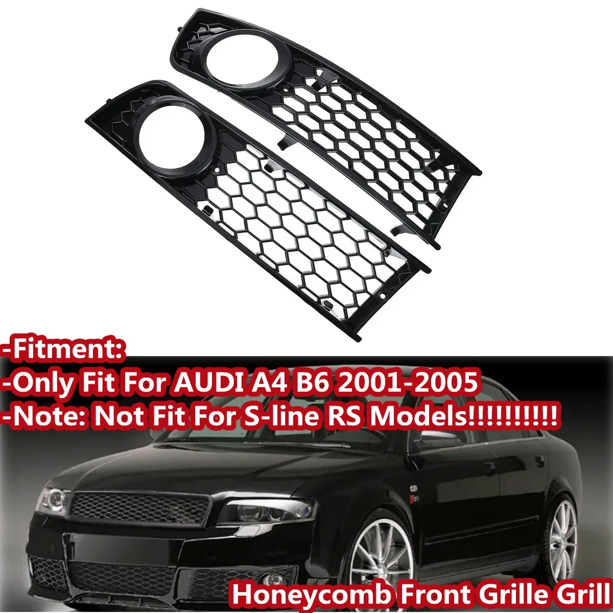 Pair Front Bumper Side Fog Light Grilles Grill Mesh Honeycomb For Audi A4 B6 2001-2005 8E0807681 8E0807682 Not Fit S-line