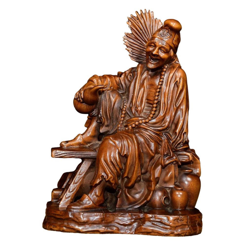 Sculpture animale en bois, Figurine sculptée, moine Ji Gong, gourde bouddhiste asiatique, Fan, bénédiction, harmonie, joie, compassion, avantage de sagesse