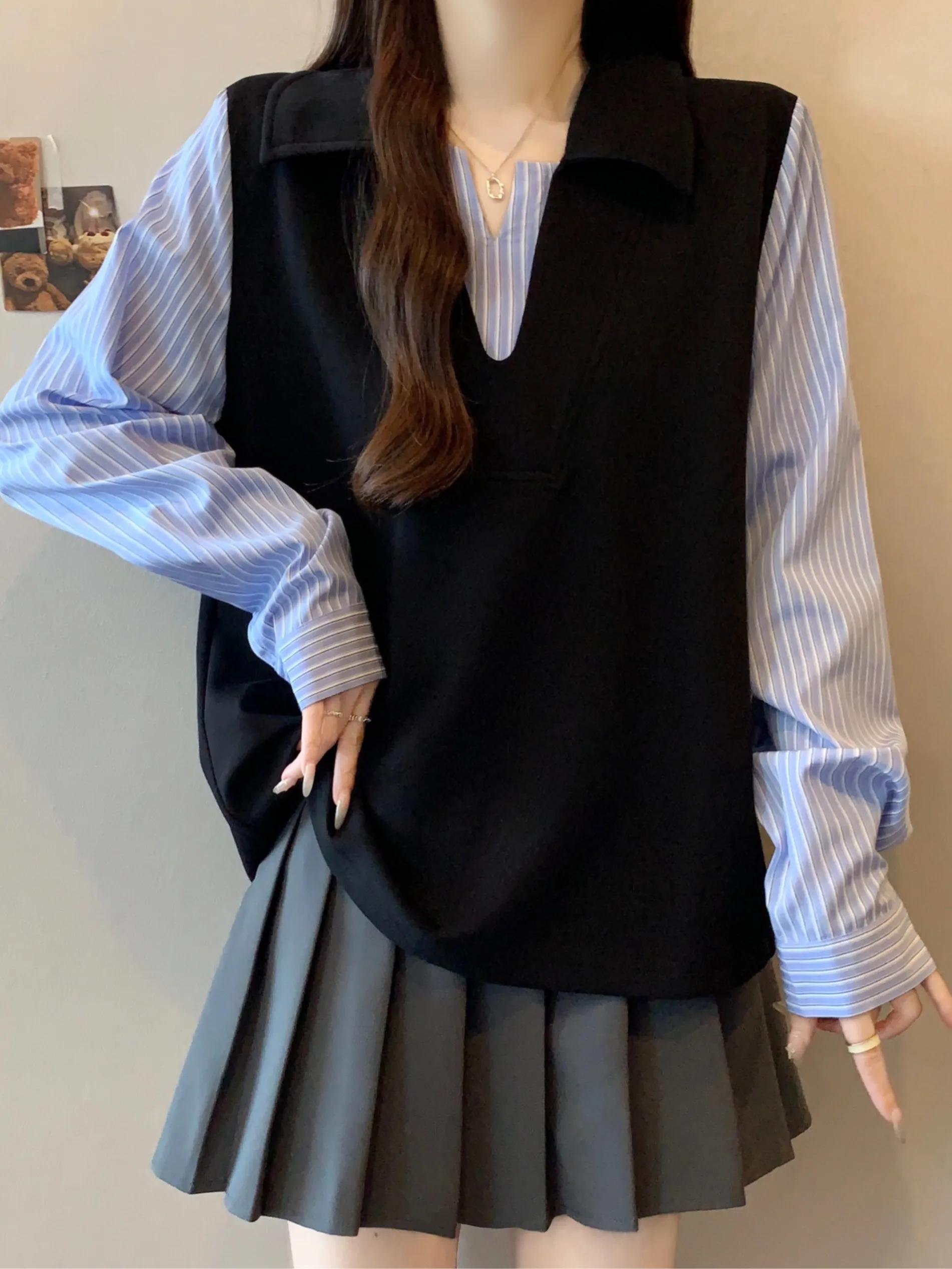 

Женская рубашка больших размеров с эффектом похудения, в полоску, с лоскутным шитьем, длинным рукавом, воротником-стойкой, имитация двухслойности, весенняя новинка, повседневный топ