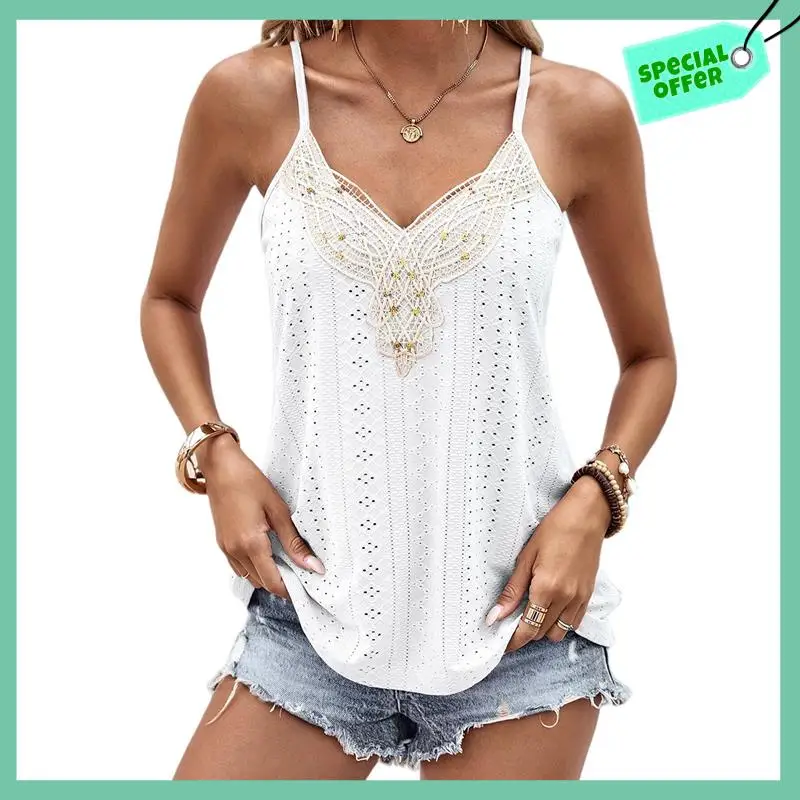 

Sturdy Women's Contrast Lace Top V Neck Spaghetti Strap Eyelet Embroidery Tops