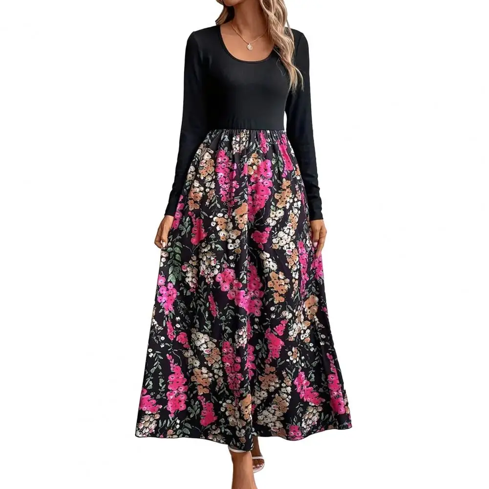 

Soft A-line Dress Women A-line Dress Floral Print A-line Maxi Dress Elegant Women's Fall/spring Pleated Ankle Length Swing