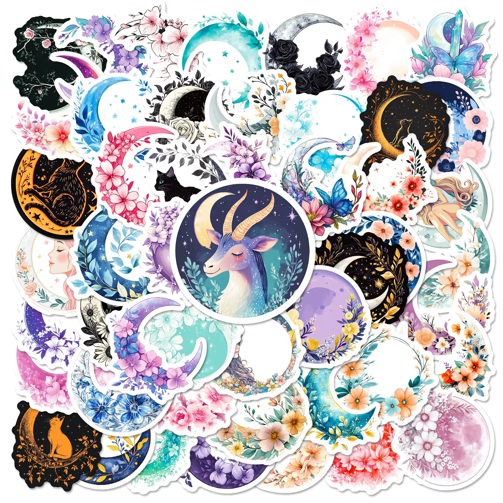 

50 шт., милые эстетические наклейки с луной, винтажные наклейки с луной и ведьмой для телефона, ноутбука, чемодана, ноутбука, скейтборда, водонепроницаемая наклейка