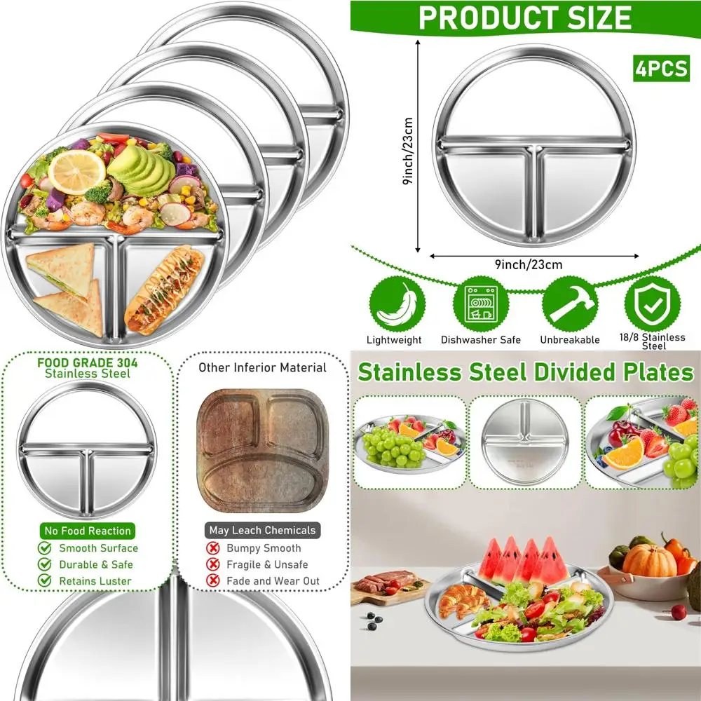

Детские тарелки из 4 штук из нержавеющей стали, небьющиеся обеденные тарелки, 9-дюймовое блюдо с порционным управлением и 3 отделениями, разделенный поднос для еды