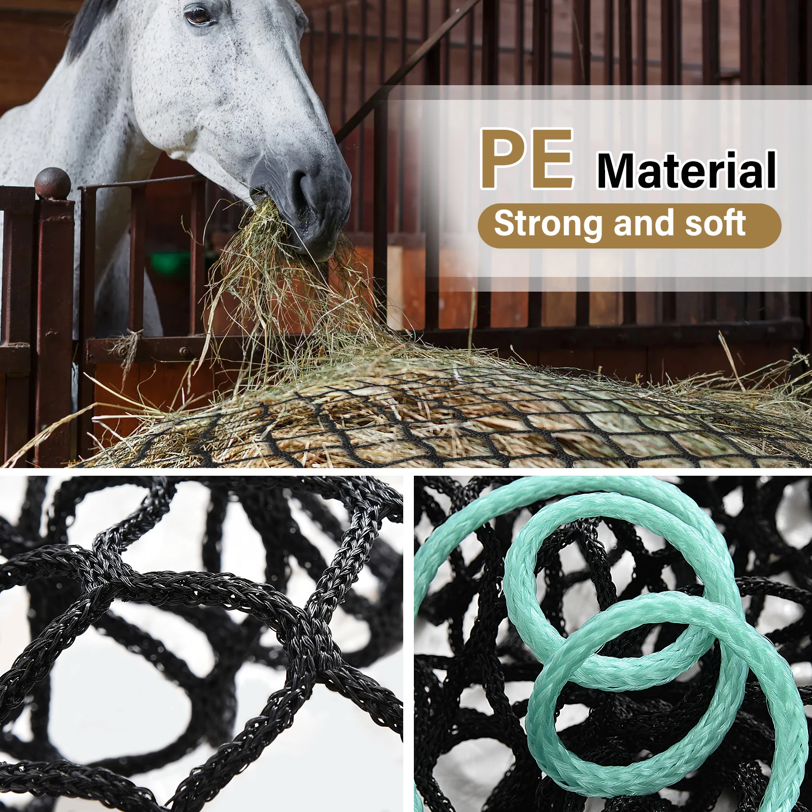 Heunetze für Pferde 5x5Ft Großes Quadratisches Slow-Feed-Heunetz, Robustes Dickes Knotenloses Heunetz, Langlebiger Weicher Nylon Slow-Feeder-Heunetzbeutel für Rinder, Ziegen, Schafe, Gesündere Fütterungslösung für Stall, Scheune und Weide – Detail 7