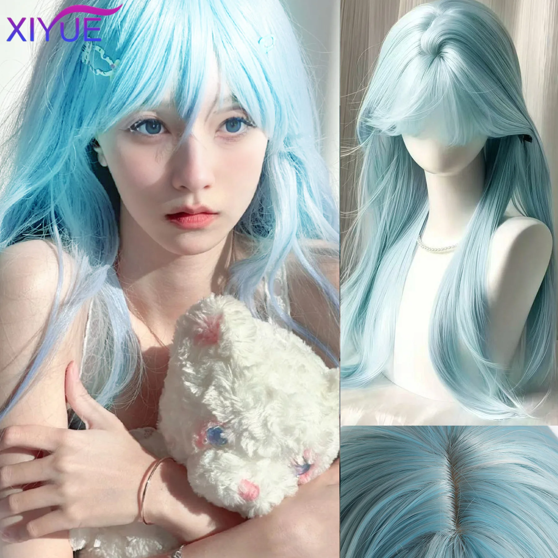 

Long curly hair Synthetic Wigs with Bangs Blue Green Cosplay Party Lolita Hair Wigs for Women Natural Heat Resistant Wig