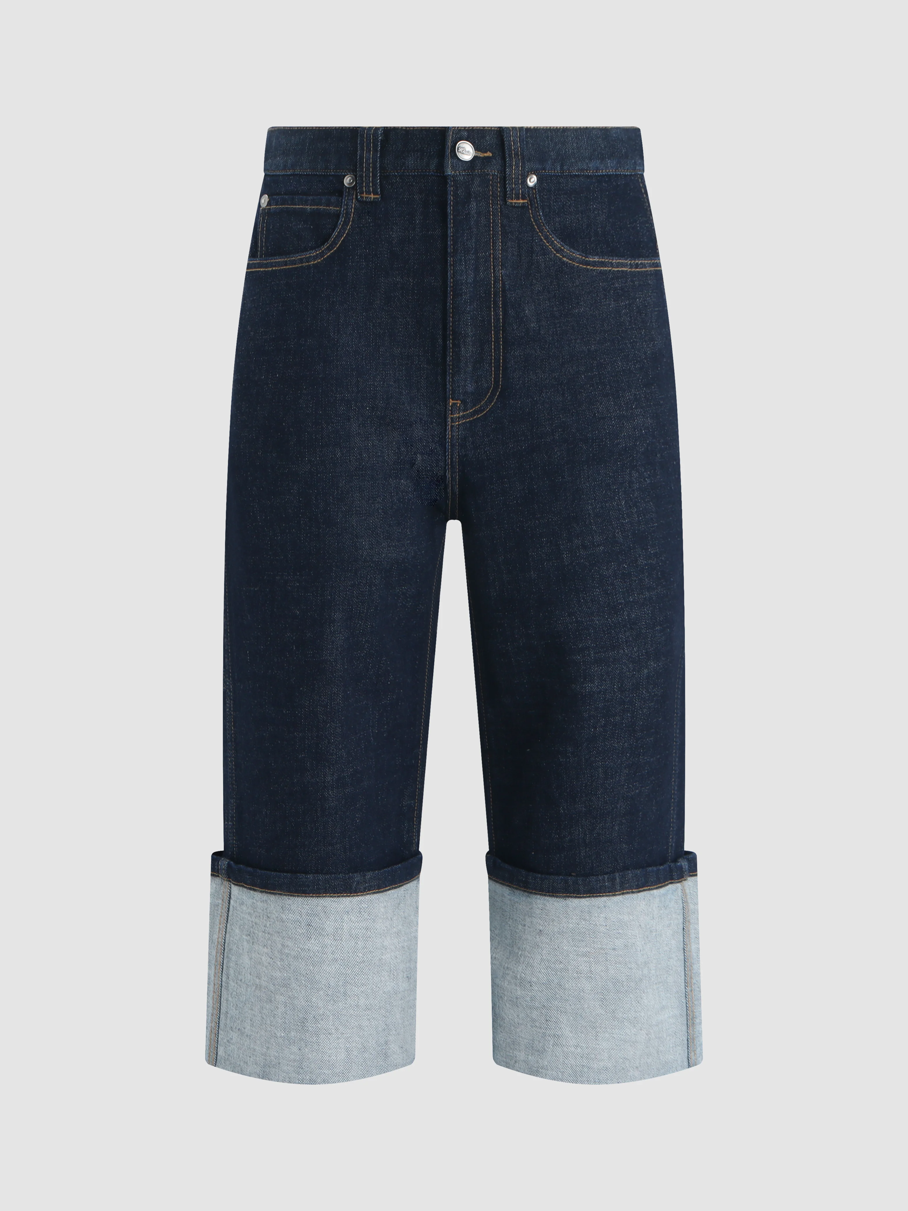 

Slimming Effect Five-Point Casual Fashionable Color Block Turn-Up Denim High Waist Straight Leg Zipper High Quality Ladies Jeans