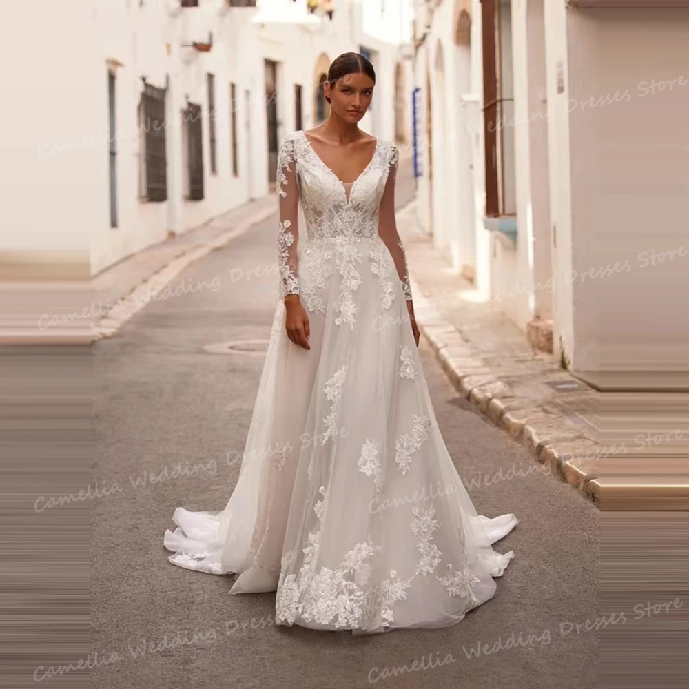 Luxury A Line Wedding Dresses Sexy Bohemia Bridal Gowns For Women Appliques V Neck Long Sleeve Backless Vestidos De Novias 2024