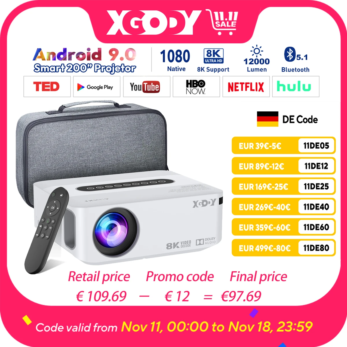 Projector Full HD 1080P WiFi LCD LED 8K Video Movie Beam XGODY X1 Android Home Theater Cinema Beamer Curtain Optional