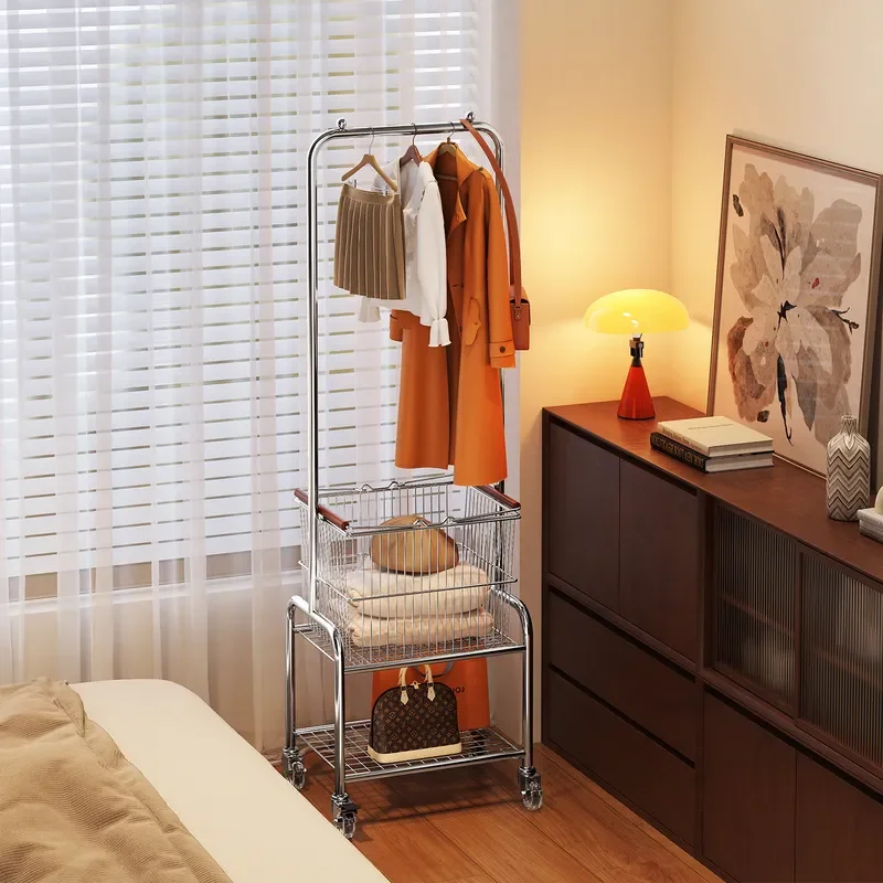 For Floor to Ceiling Coat Rack Wrought Iron Simple Drying Rack with Mobile Dirty Clothes Basket for Bedroom Living Room